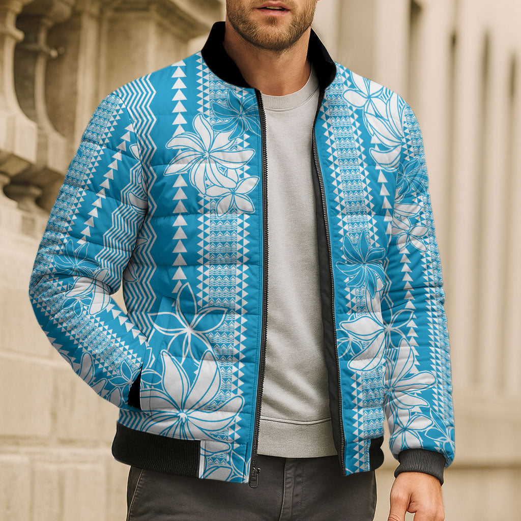 Hawaii Kakau Tribal Bomber Puffer Jacket With Blue Tiare