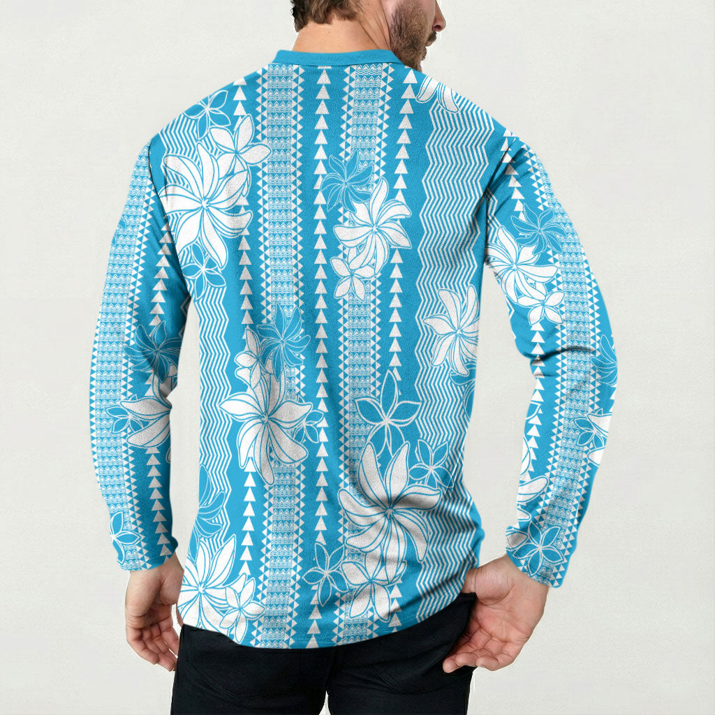 Hawaii Kakau Tribal Button Sweatshirt With Blue Tiare