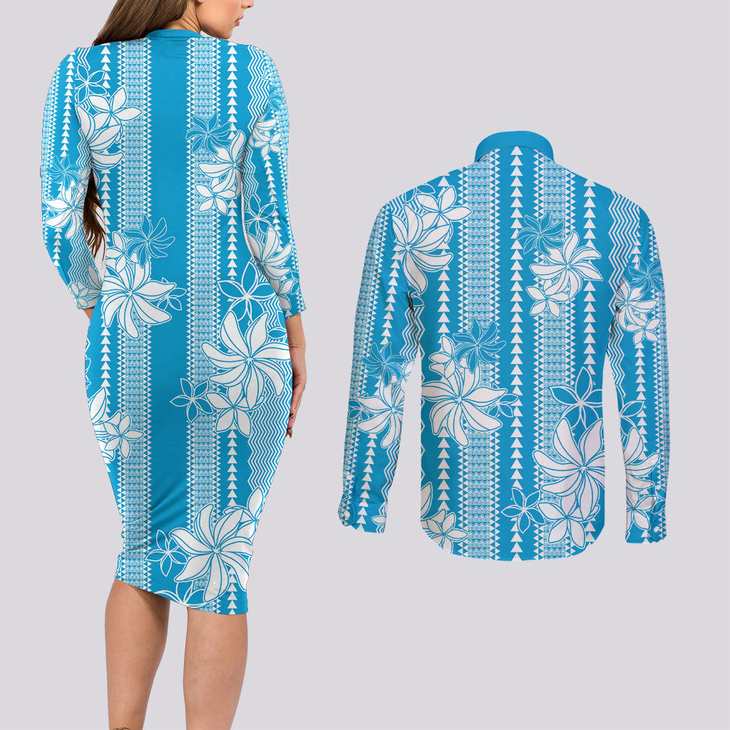 Hawaii Kakau Tribal Couples Matching Long Sleeve Bodycon Dress and Long Sleeve Button Shirt With Blue Tiare