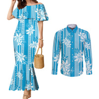Hawaii Kakau Tribal Couples Matching Mermaid Dress and Long Sleeve Button Shirt With Blue Tiare