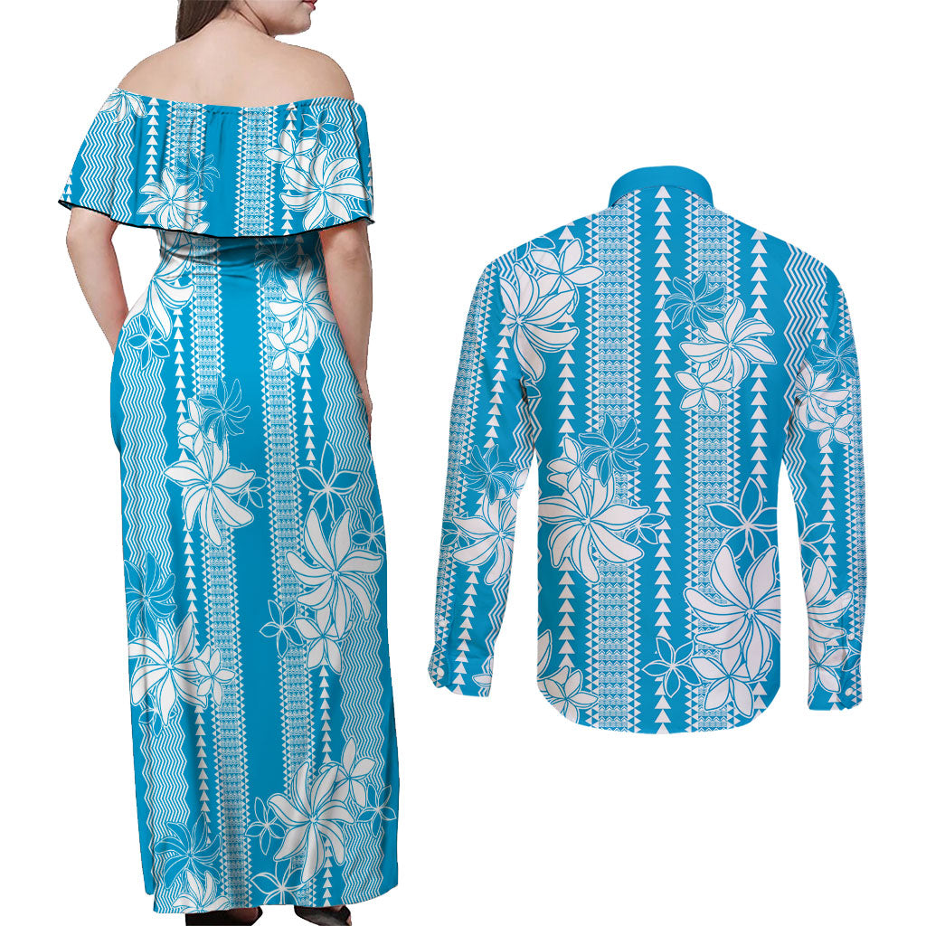 Hawaii Kakau Tribal Couples Matching Off Shoulder Maxi Dress and Long Sleeve Button Shirt With Blue Tiare