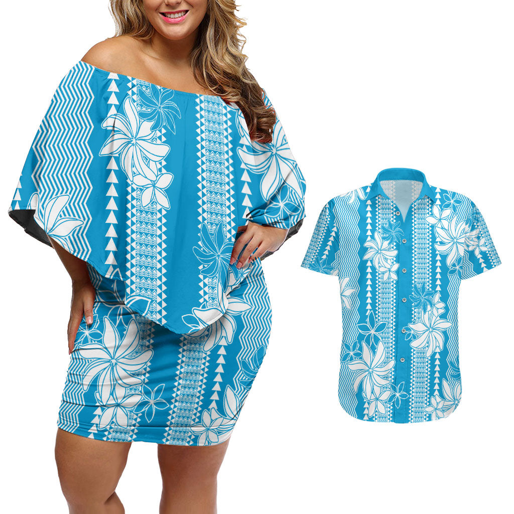 Hawaii Kakau Tribal Couples Matching Off Shoulder Short Dress and Hawaiian Shirt With Blue Tiare LT05 Blue - Polynesian Pride