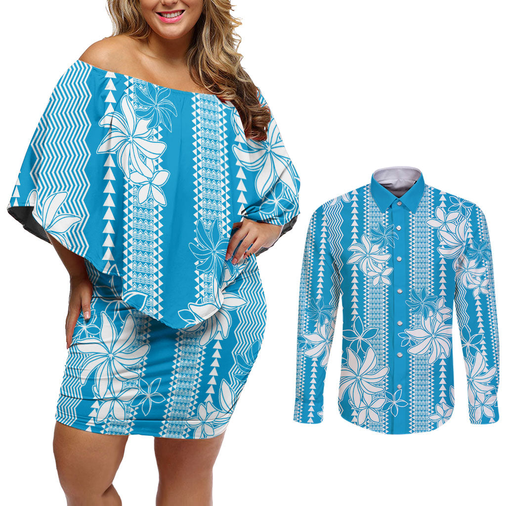 Hawaii Kakau Tribal Couples Matching Off Shoulder Short Dress and Long Sleeve Button Shirt With Blue Tiare
