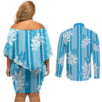 Hawaii Kakau Tribal Couples Matching Off Shoulder Short Dress and Long Sleeve Button Shirt With Blue Tiare
