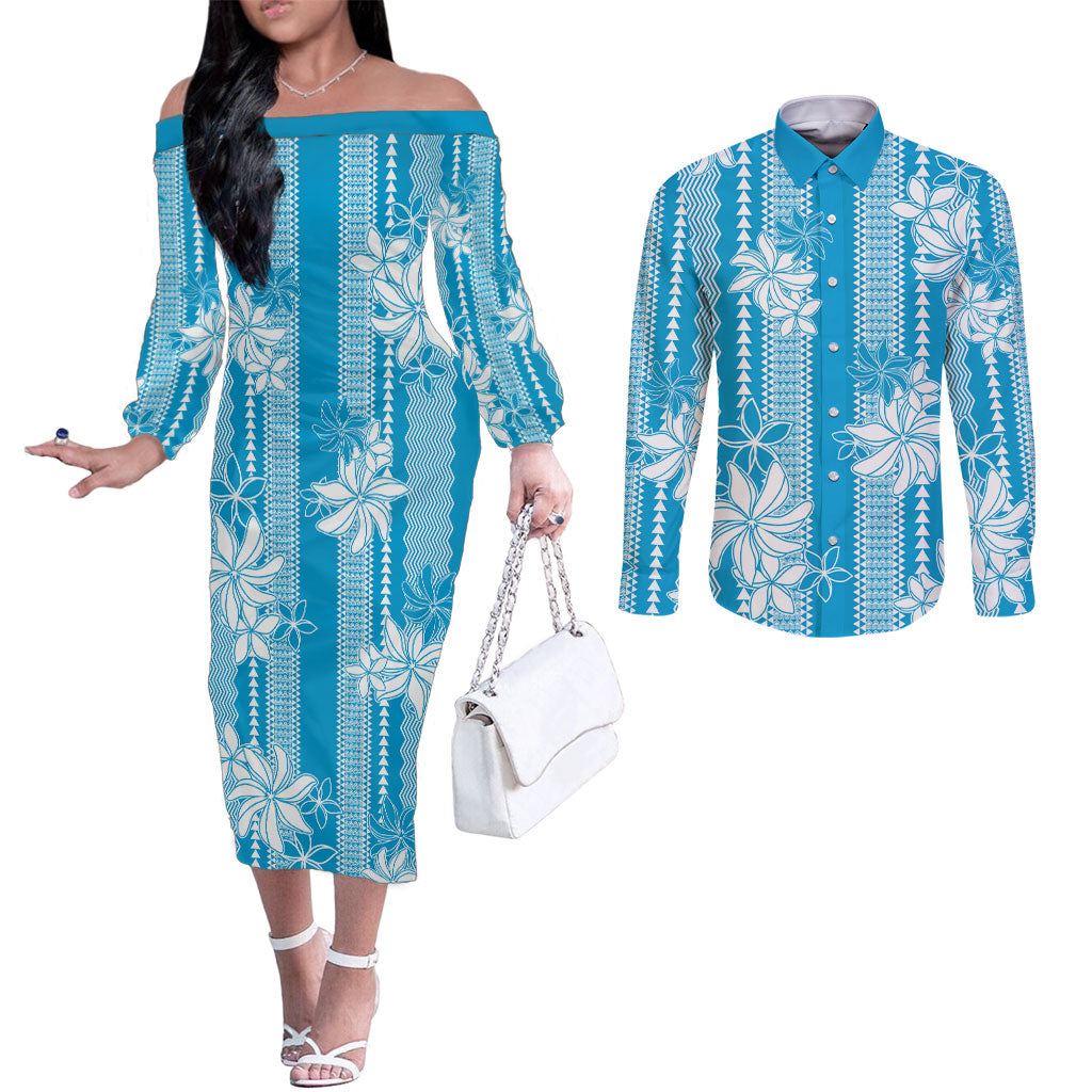 Hawaii Kakau Tribal Couples Matching Off The Shoulder Long Sleeve Dress and Long Sleeve Button Shirt With Blue Tiare