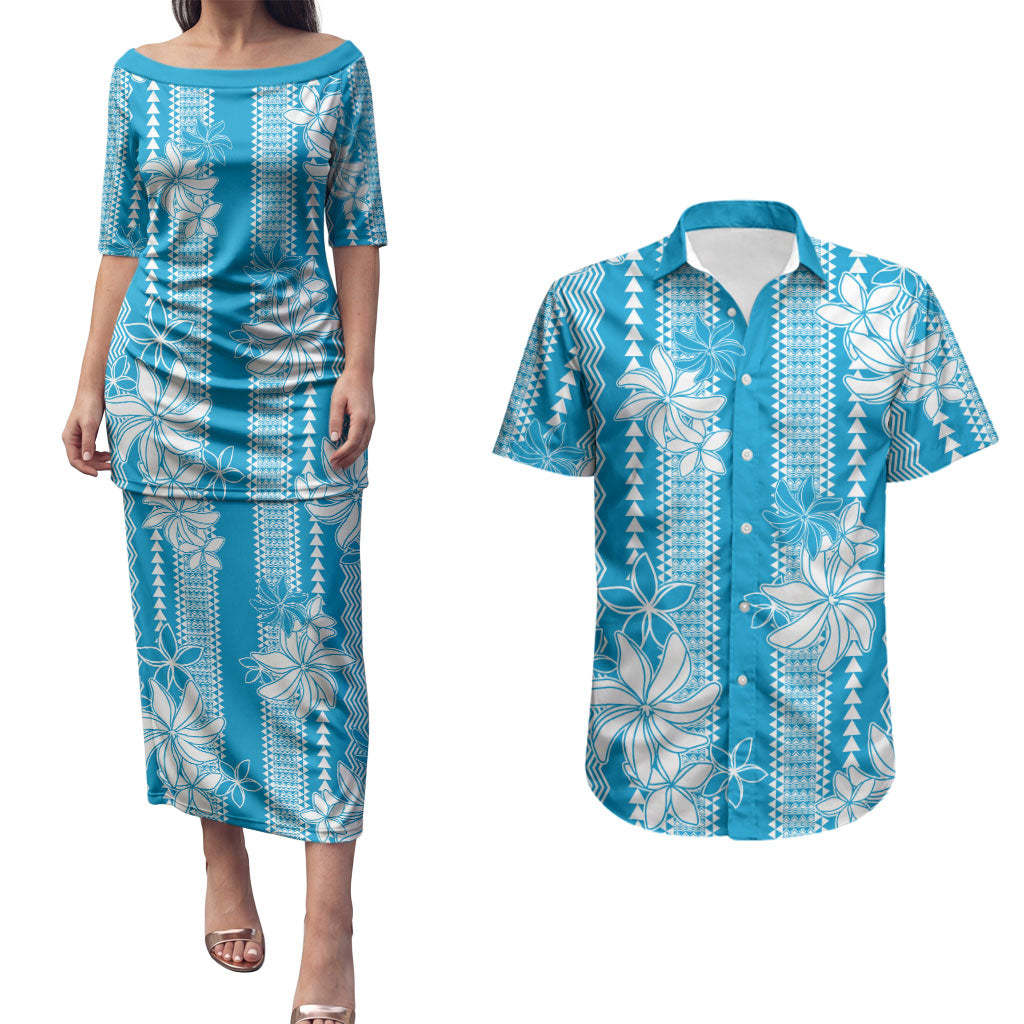 Hawaii Kakau Tribal Couples Matching Puletasi and Hawaiian Shirt With Blue Tiare LT05 Blue - Polynesian Pride
