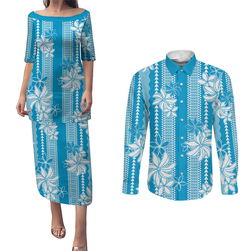 Hawaii Kakau Tribal Couples Matching Puletasi and Long Sleeve Button Shirt With Blue Tiare LT05 Blue - Polynesian Pride