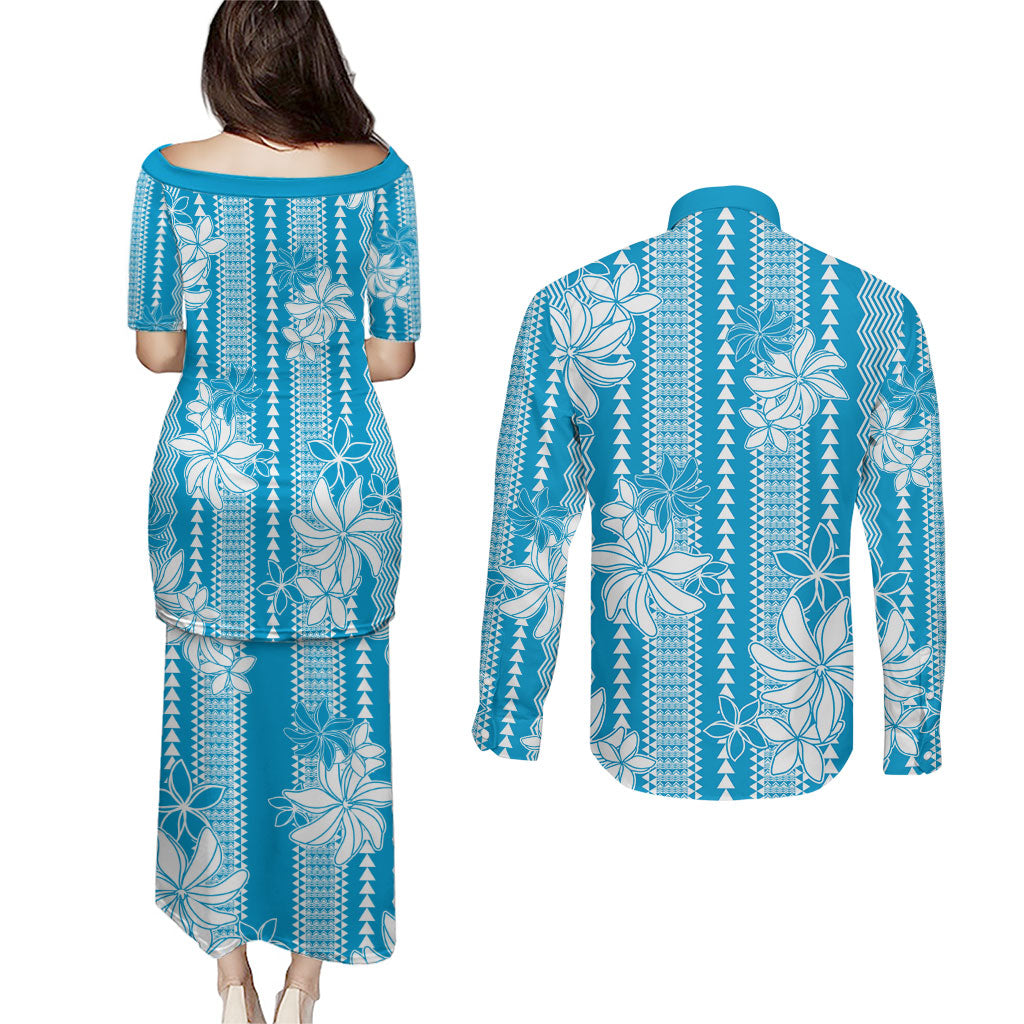 Hawaii Kakau Tribal Couples Matching Puletasi and Long Sleeve Button Shirt With Blue Tiare