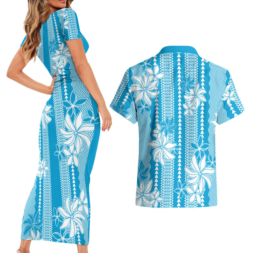 Hawaii Kakau Tribal Couples Matching Short Sleeve Bodycon Dress and Hawaiian Shirt With Blue Tiare