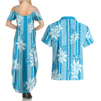 Hawaii Kakau Tribal Couples Matching Summer Maxi Dress and Hawaiian Shirt With Blue Tiare