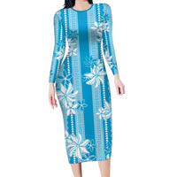 Hawaii Kakau Tribal Family Matching Long Sleeve Bodycon Dress and Hawaiian Shirt With Blue Tiare