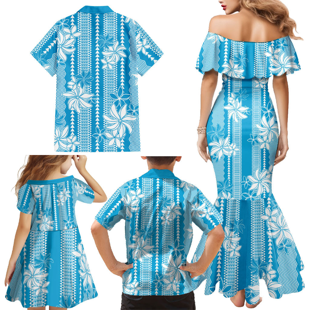 Hawaii Kakau Tribal Family Matching Mermaid Dress and Hawaiian Shirt With Blue Tiare