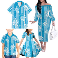 Hawaii Kakau Tribal Family Matching Off The Shoulder Long Sleeve Dress and Hawaiian Shirt With Blue Tiare