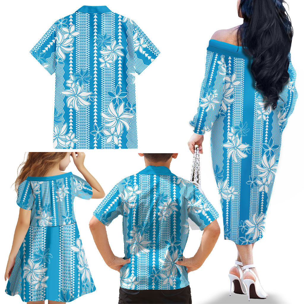 Hawaii Kakau Tribal Family Matching Off The Shoulder Long Sleeve Dress and Hawaiian Shirt With Blue Tiare