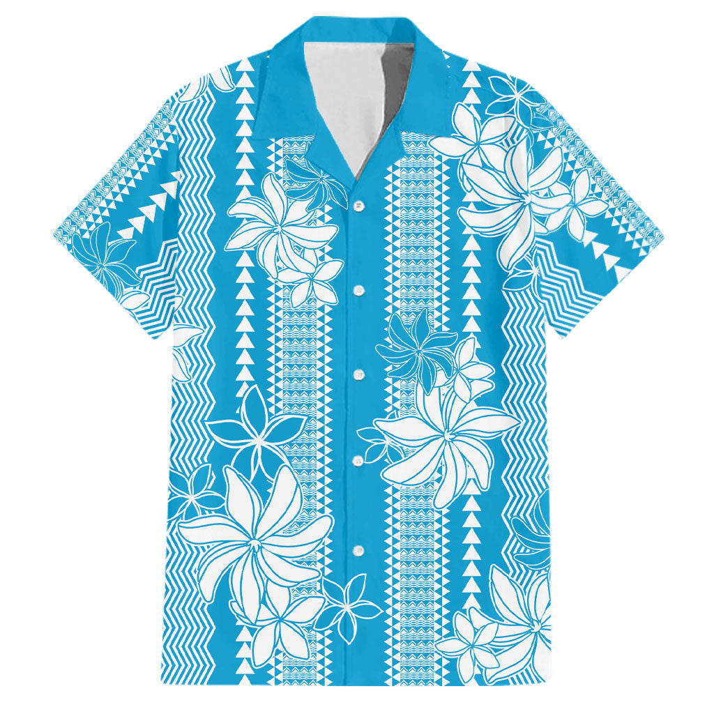 Hawaii Kakau Tribal Family Matching Off The Shoulder Long Sleeve Dress and Hawaiian Shirt With Blue Tiare