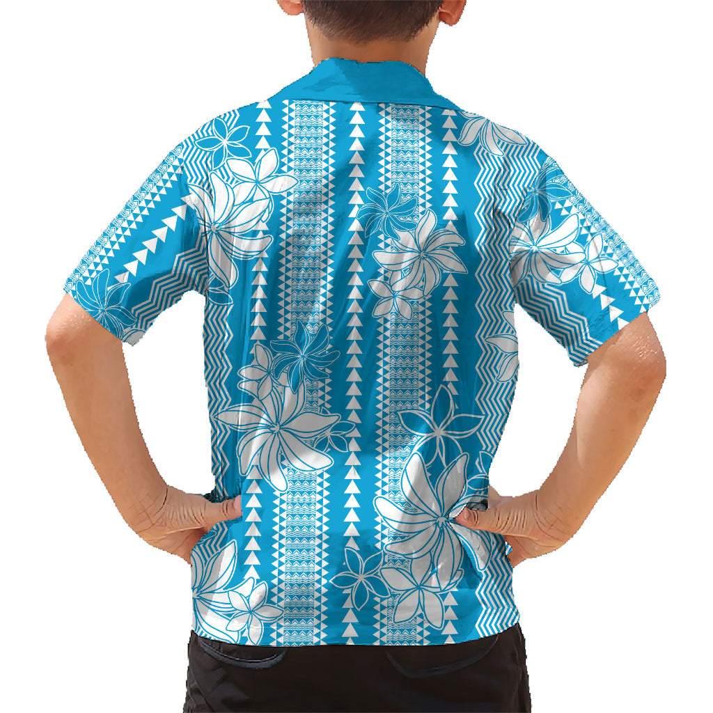Hawaii Kakau Tribal Family Matching Off Shoulder Short Dress and Hawaiian Shirt With Blue Tiare