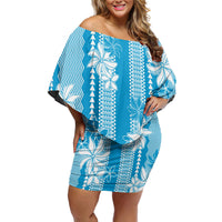 Hawaii Kakau Tribal Family Matching Off Shoulder Short Dress and Hawaiian Shirt With Blue Tiare