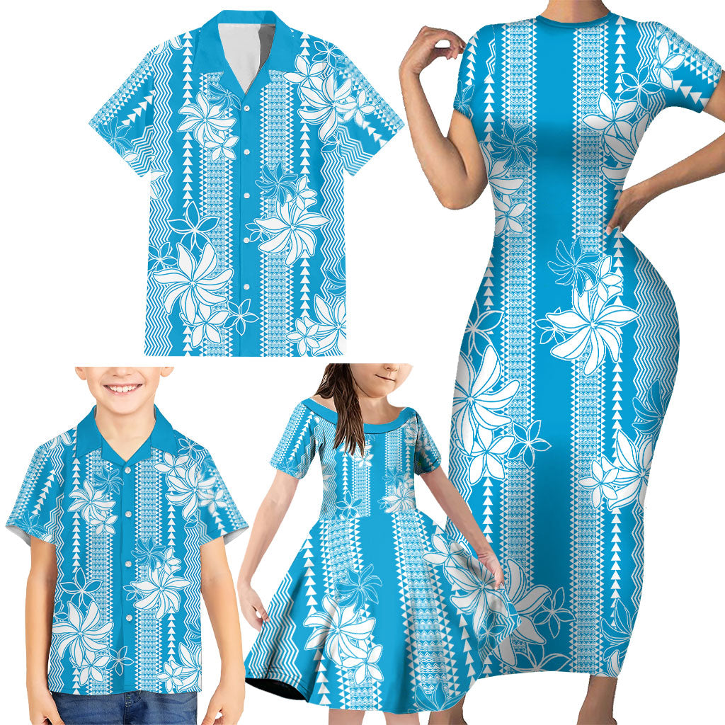Hawaii Kakau Tribal Family Matching Short Sleeve Bodycon Dress and Hawaiian Shirt With Blue Tiare