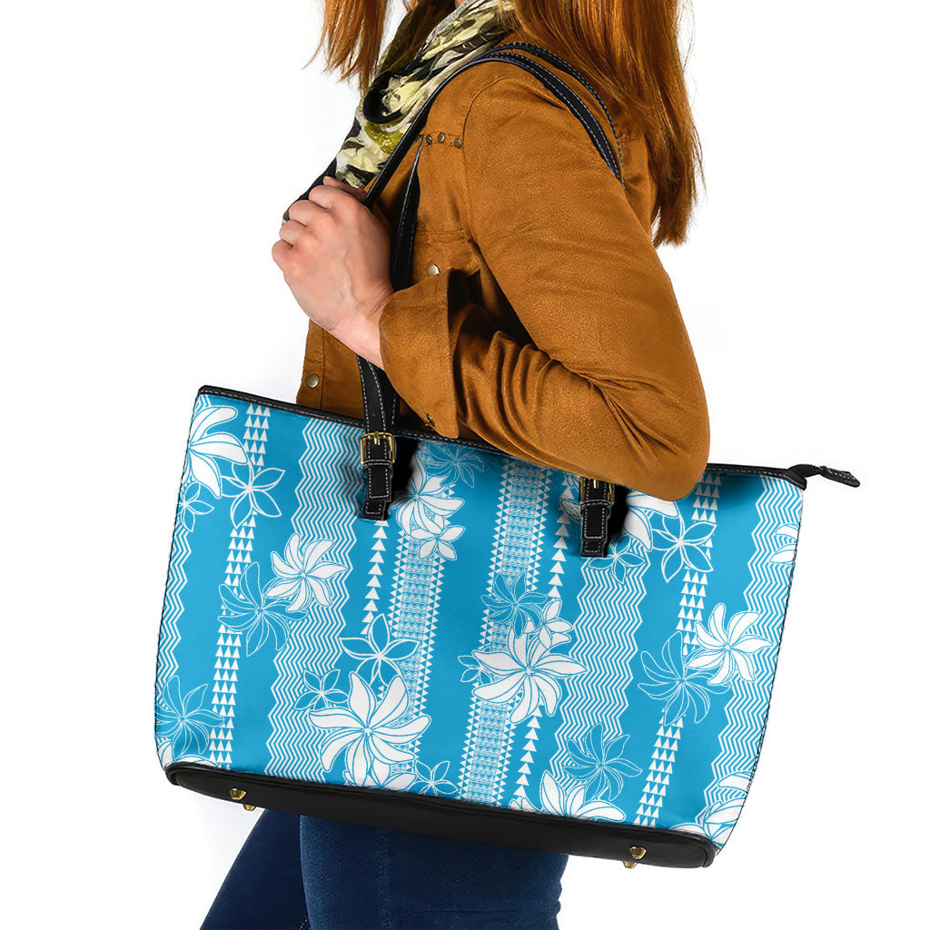 Hawaii Kakau Tribal Leather Tote Bag With Blue Tiare