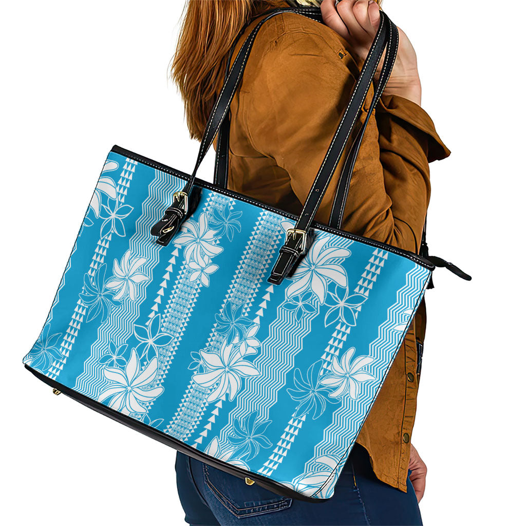 Hawaii Kakau Tribal Leather Tote Bag With Blue Tiare