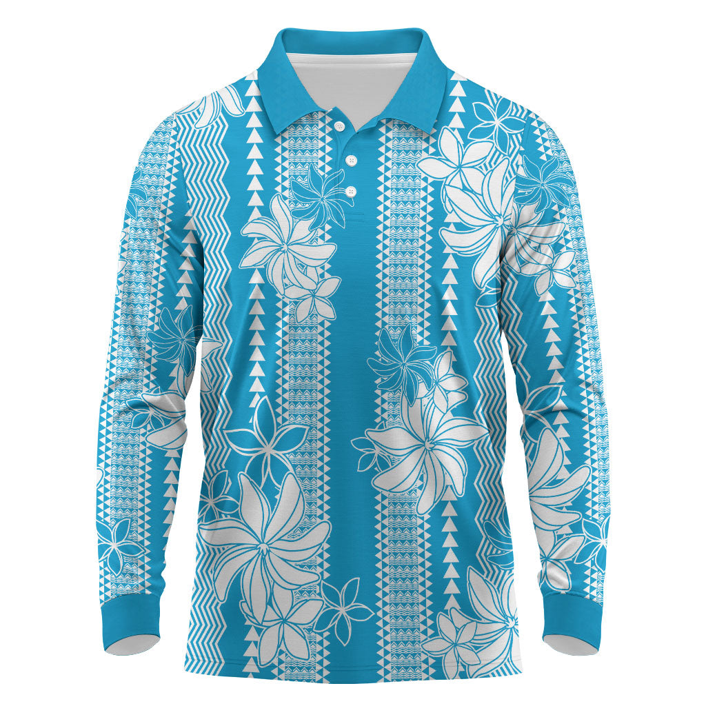 Hawaii Kakau Tribal Long Sleeve Polo Shirt With Blue Tiare