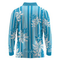 Hawaii Kakau Tribal Long Sleeve Polo Shirt With Blue Tiare