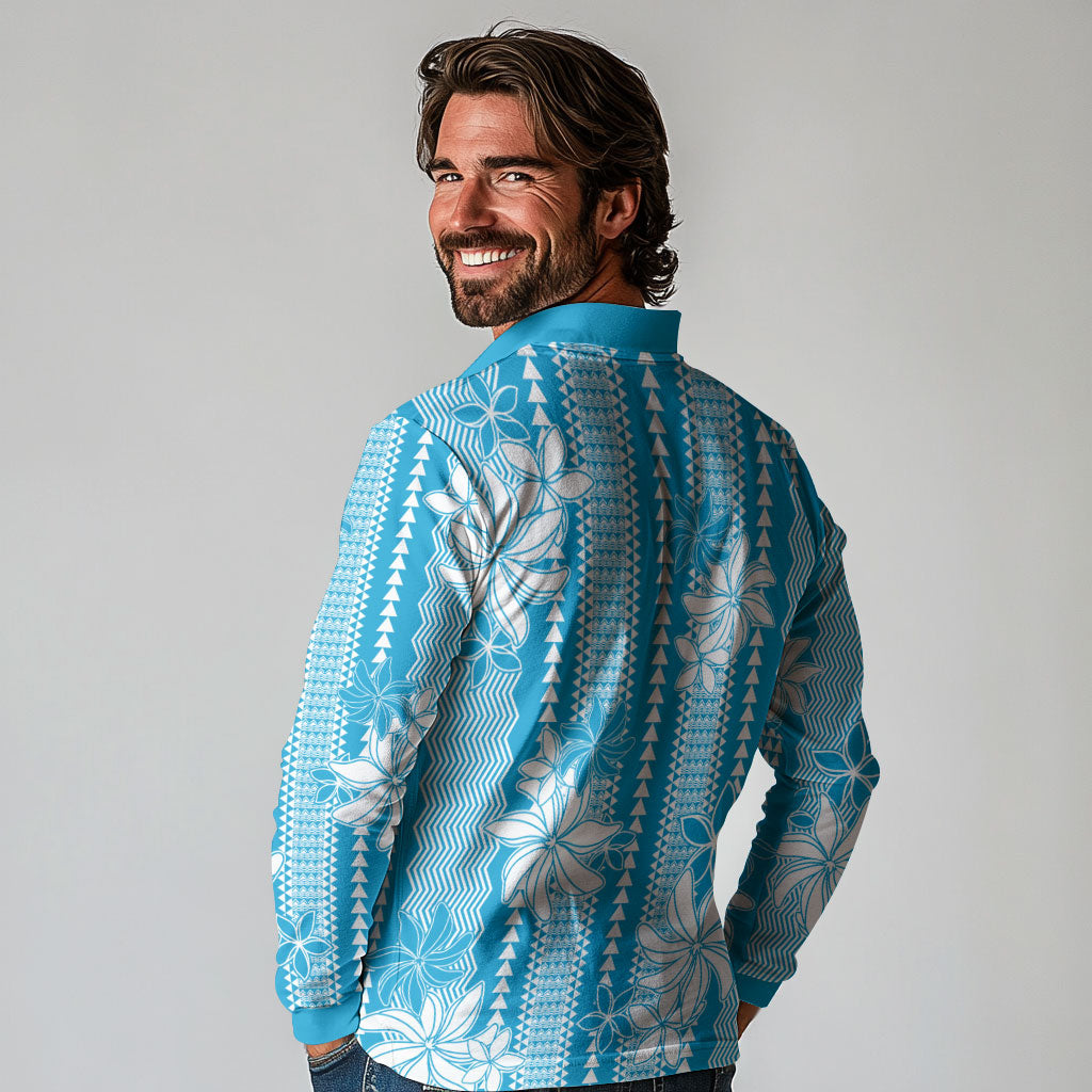 Hawaii Kakau Tribal Long Sleeve Polo Shirt With Blue Tiare