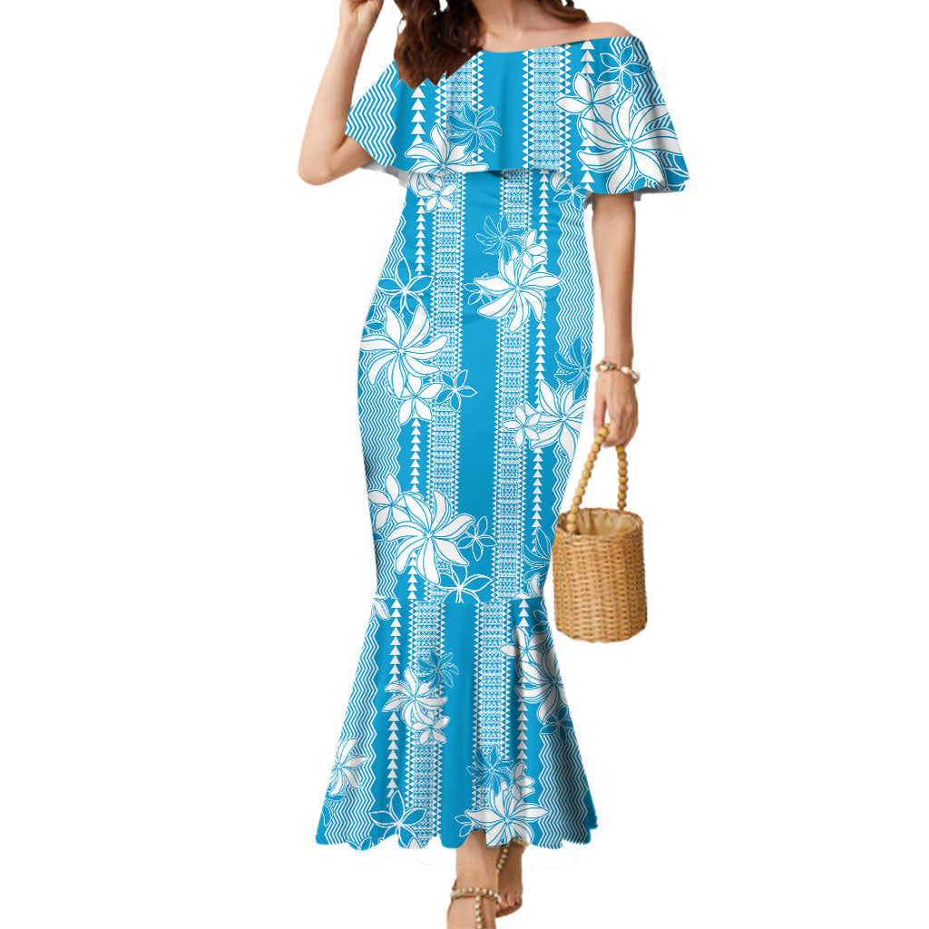Hawaii Kakau Tribal Mermaid Dress With Blue Tiare