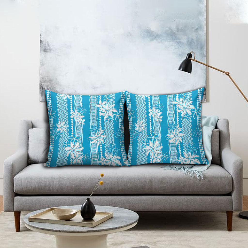Hawaii Kakau Tribal Pillow Cover With Blue Tiare