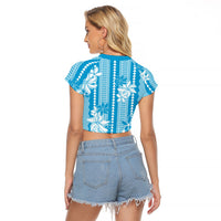 Hawaii Kakau Tribal Raglan Cropped T Shirt With Blue Tiare