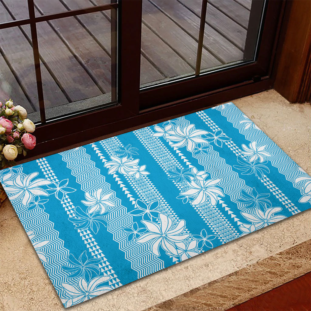 Hawaii Kakau Tribal Rubber Doormat With Blue Tiare