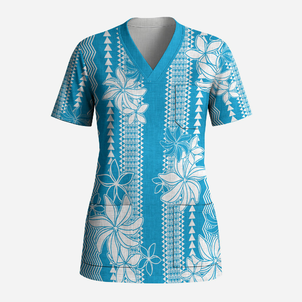 Hawaii Kakau Tribal Scrub Top With Blue Tiare