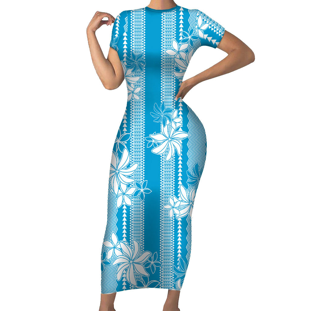 Hawaii Kakau Tribal Short Sleeve Bodycon Dress With Blue Tiare LT05 Long Dress Blue - Polynesian Pride