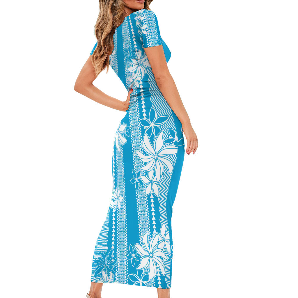 Hawaii Kakau Tribal Short Sleeve Bodycon Dress With Blue Tiare