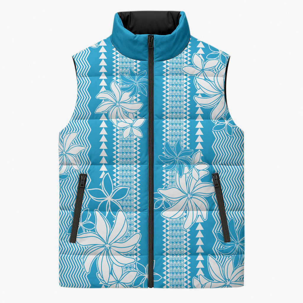 Hawaii Kakau Tribal Sleeveless Puffer Jacket With Blue Tiare LT05 Unisex Blue - Polynesian Pride