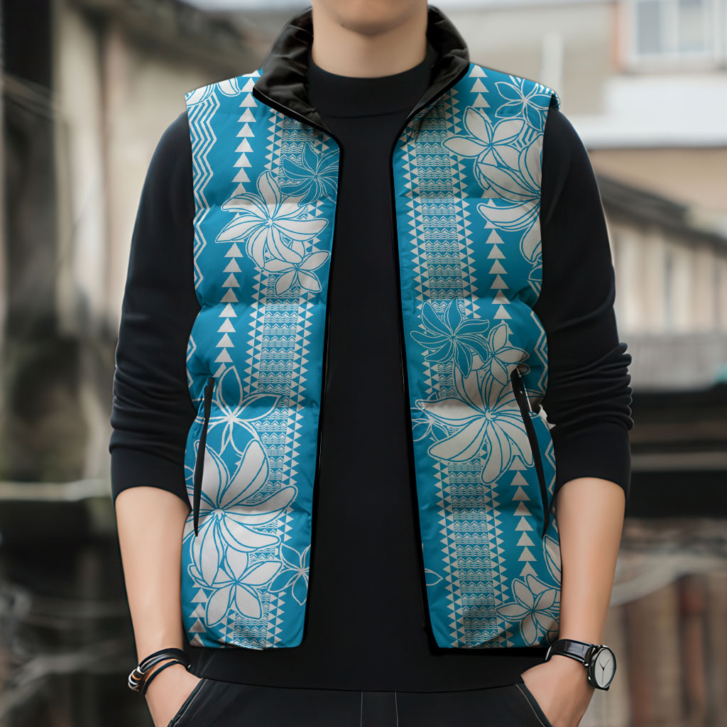 Hawaii Kakau Tribal Sleeveless Puffer Jacket With Blue Tiare