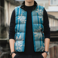 Hawaii Kakau Tribal Sleeveless Puffer Jacket With Blue Tiare