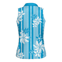 Hawaii Kakau Tribal Women Sleeveless Polo Shirt With Blue Tiare