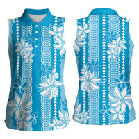 Hawaii Kakau Tribal Women Sleeveless Polo Shirt With Blue Tiare