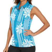 Hawaii Kakau Tribal Women Sleeveless Polo Shirt With Blue Tiare