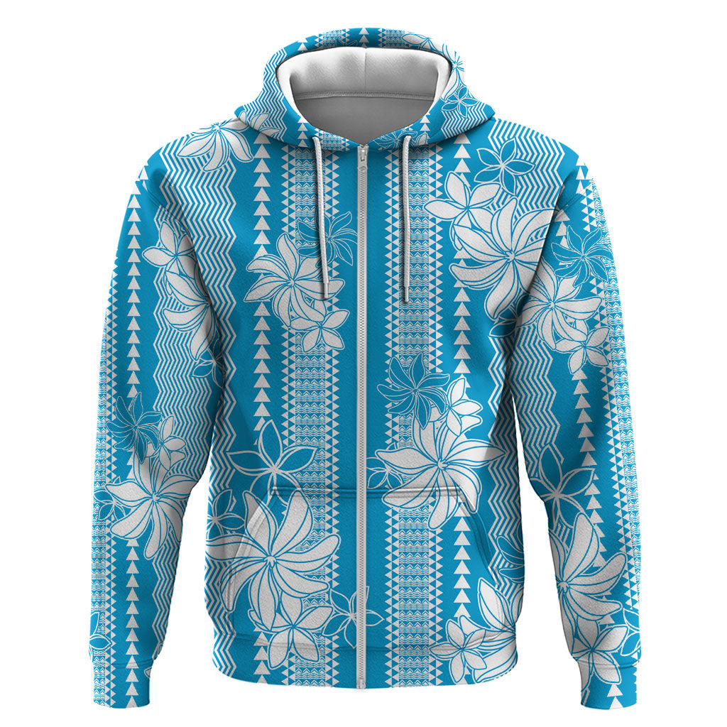 Hawaii Kakau Tribal Zip Hoodie With Blue Tiare LT05 Zip Hoodie Blue - Polynesian Pride