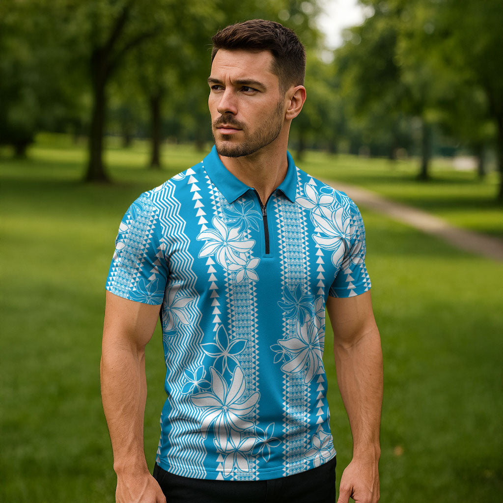 Hawaii Kakau Tribal Zipper Polo Shirt With Blue Tiare