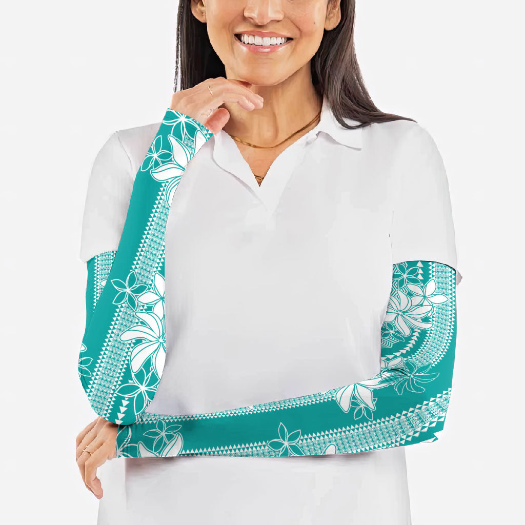 Hawaii Kakau Tribal Arm Sleeves With Teal Tiare