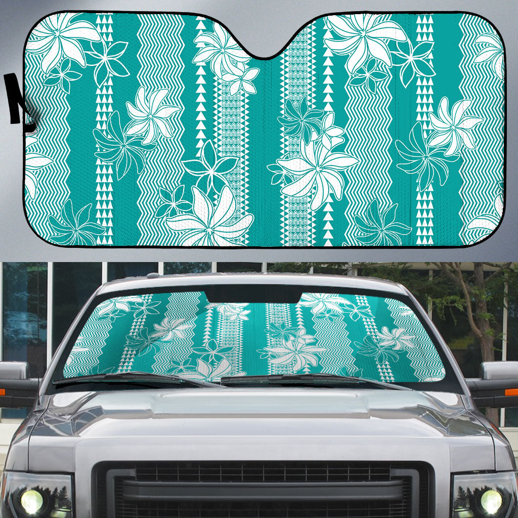 Hawaii Kakau Tribal Auto Sun Shade With Teal Tiare