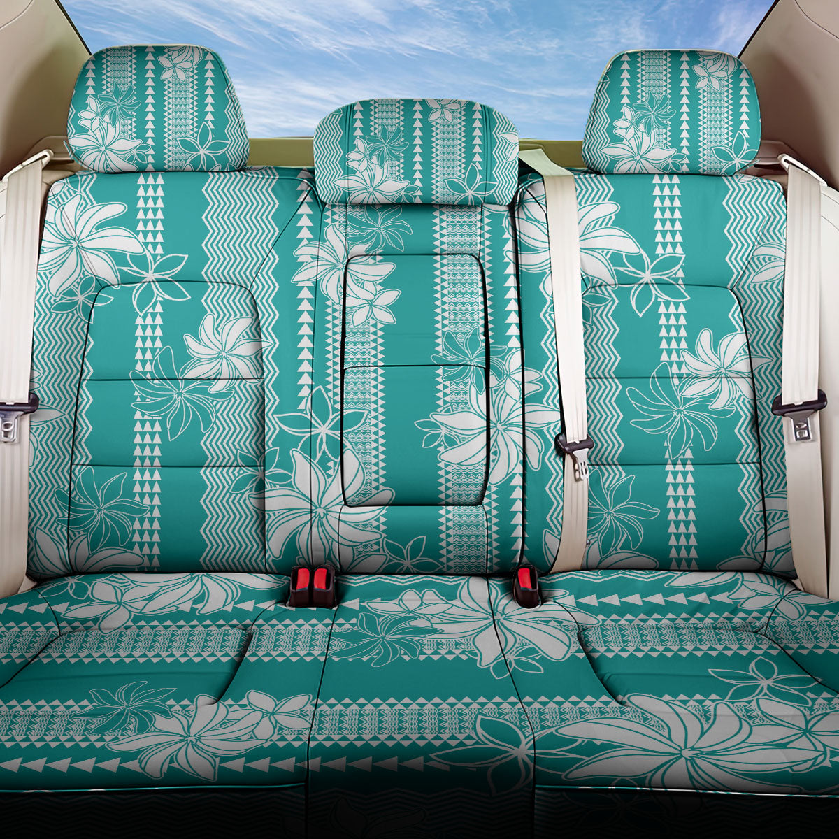 Hawaii Kakau Tribal Back Car Seat Cover With Teal Tiare