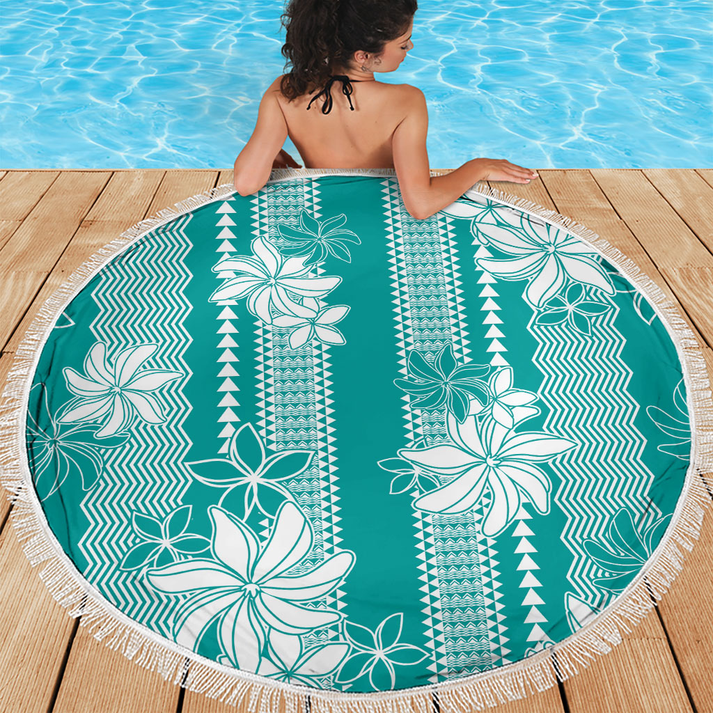 Hawaii Kakau Tribal Beach Blanket With Teal Tiare