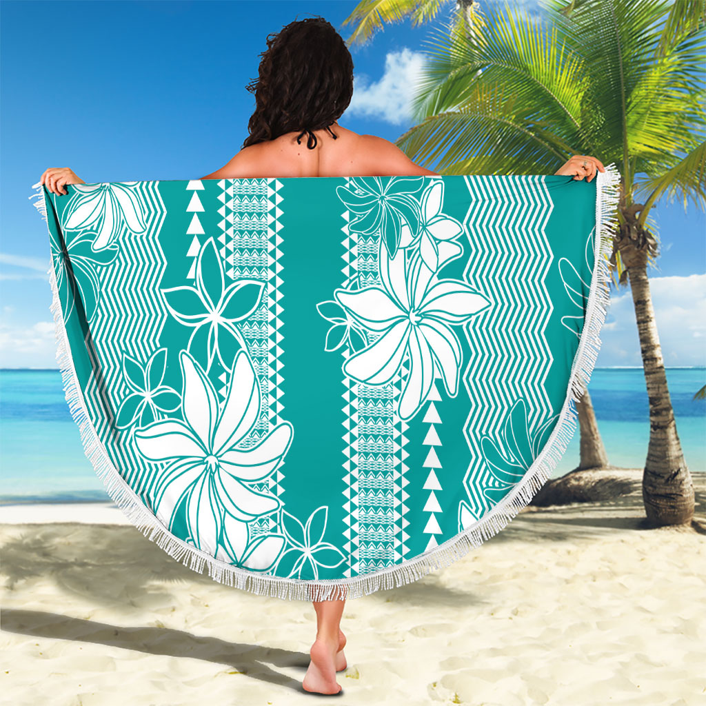 Hawaii Kakau Tribal Beach Blanket With Teal Tiare