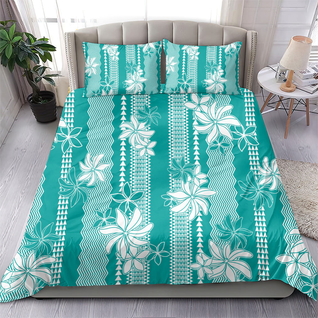 Hawaii Kakau Tribal Bedding Set With Teal Tiare