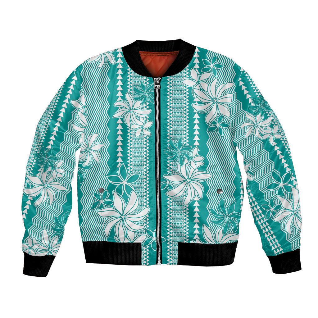 Hawaii Kakau Tribal Bomber Jacket With Teal Tiare