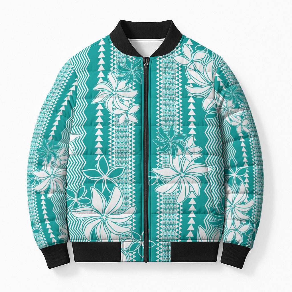 Hawaii Kakau Tribal Bomber Puffer Jacket With Teal Tiare
